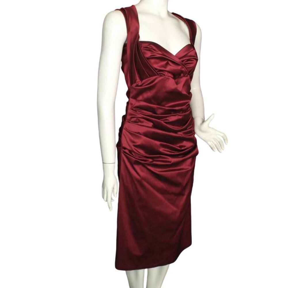 TALBOT RUNHOF Dress, 12/42, Burgundy Stretch Taffeta, Wide Straps, Ruched Zipper - Picture 3 of 13